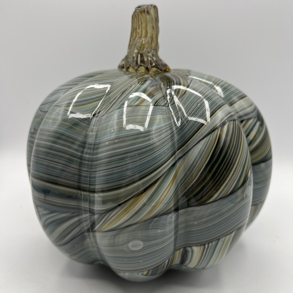 LARGE HAND BLOWN‎  Glass Art PUMPKIN Blue GREEN Amber SWIRLS
